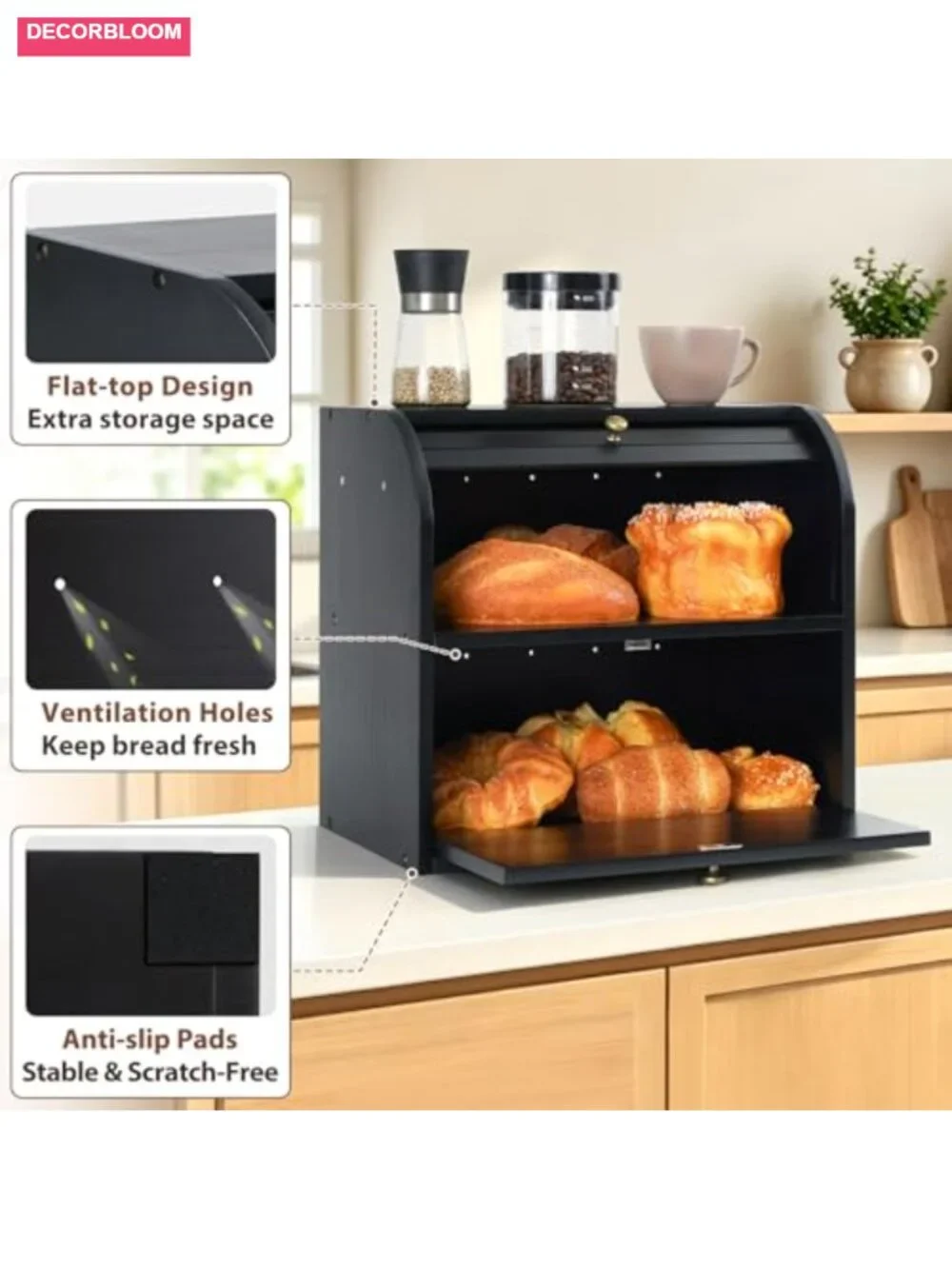 Wooden Roll Top Bread Box for Kitchen Countertop, 2-Tier Pine Storage